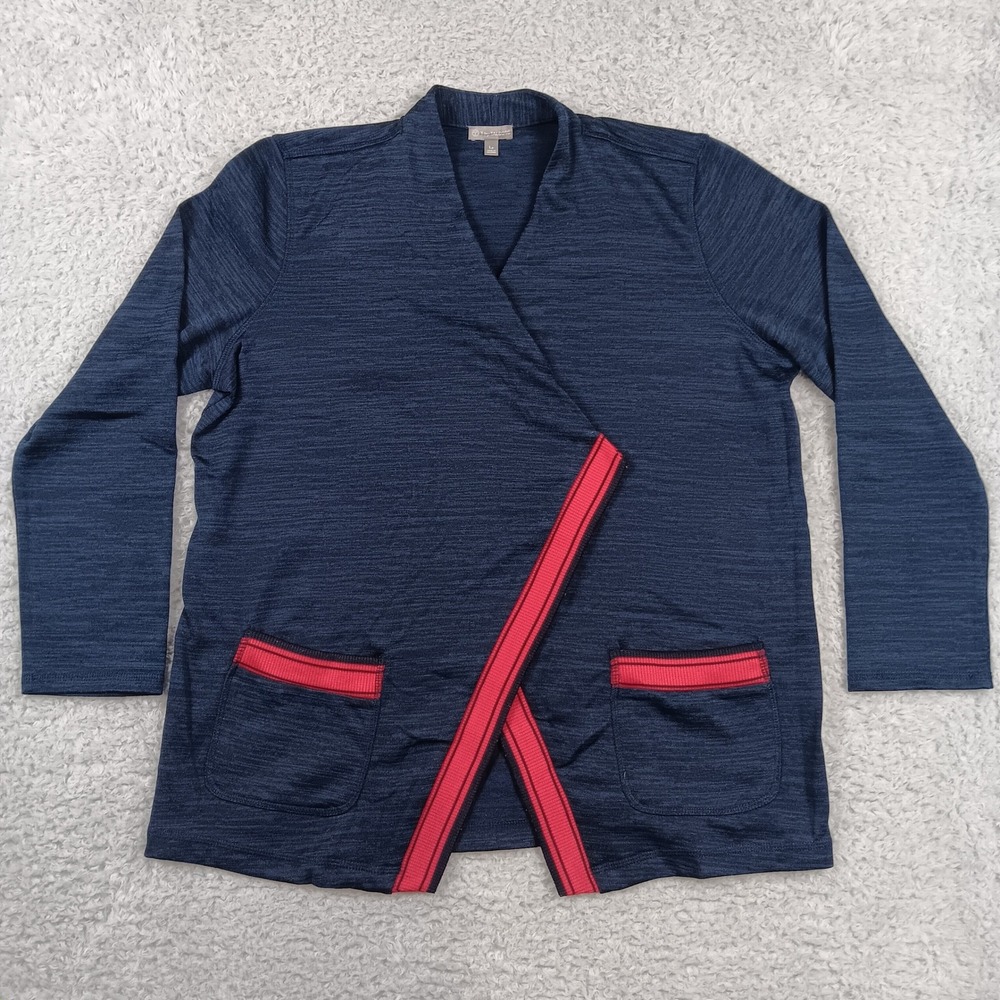 T by Talbots Wrap Cardigan Womens LP Navy Blue Red Trim Space Dye 07052